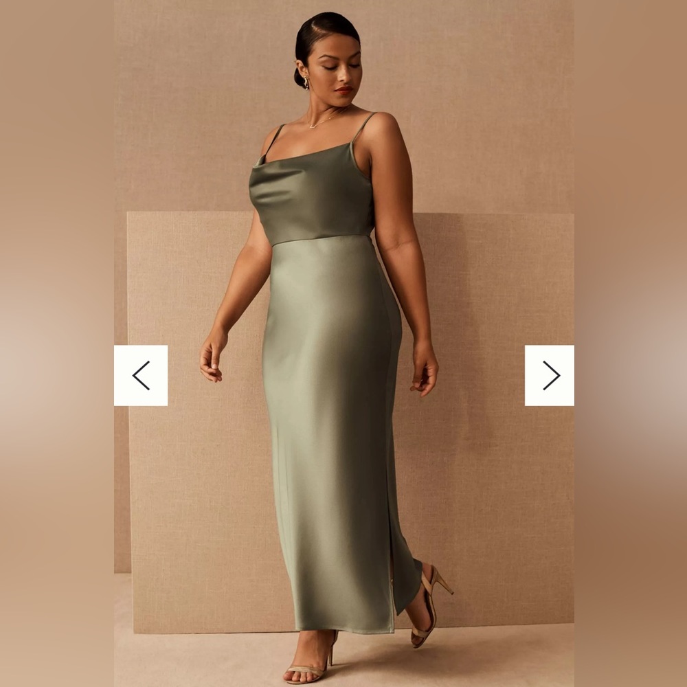 BHLDN Cali Satin Cowl-Neck Midi Slip Dress Moss Green Size 12